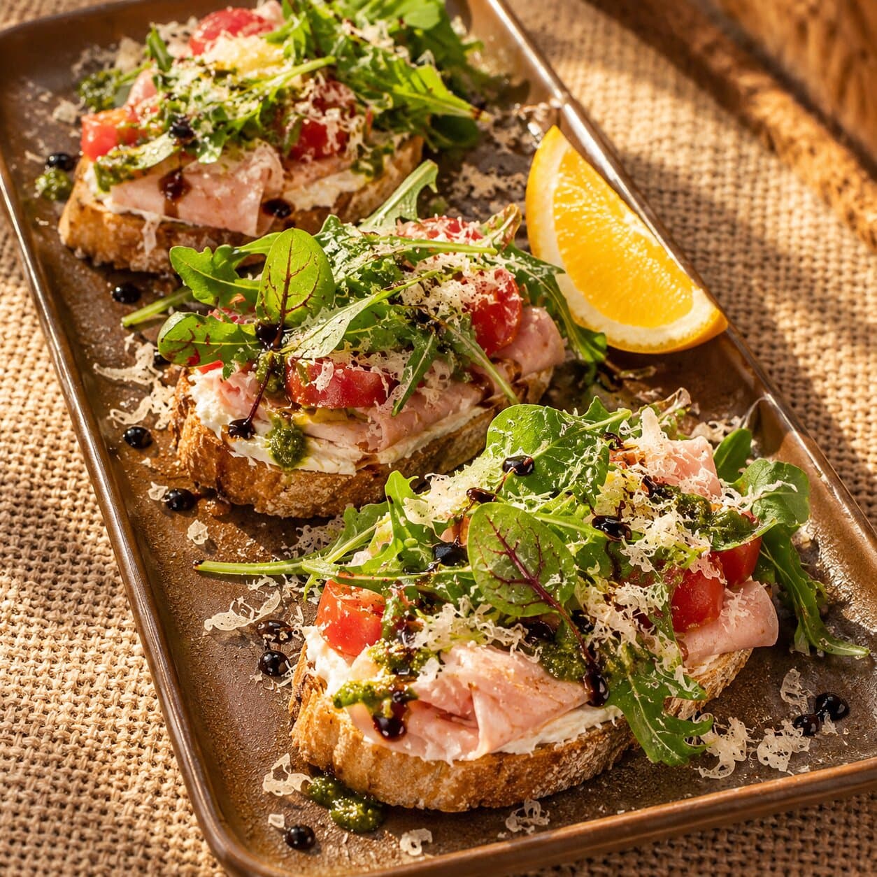 Bruschetta with stracatella and mortadella with arugula