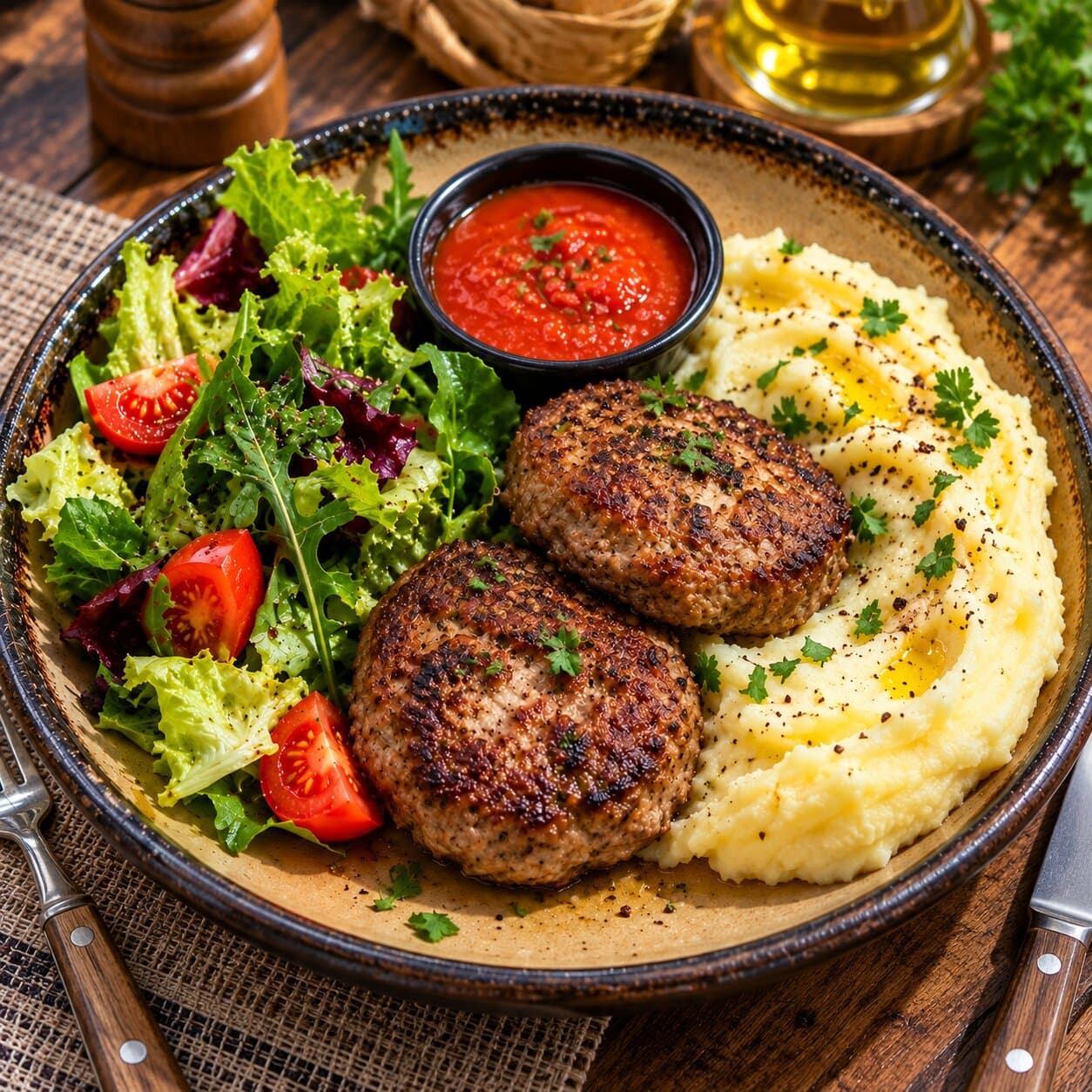 Lunch №1: two beef patties, mixed salad, Napoli sauce, mashed potatoes.