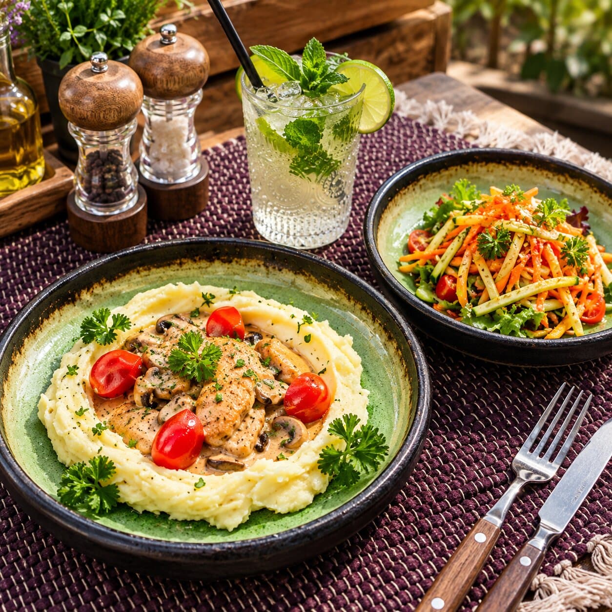 Lunch №2: Chicken fillet in creamy sauce, salad, mojito.